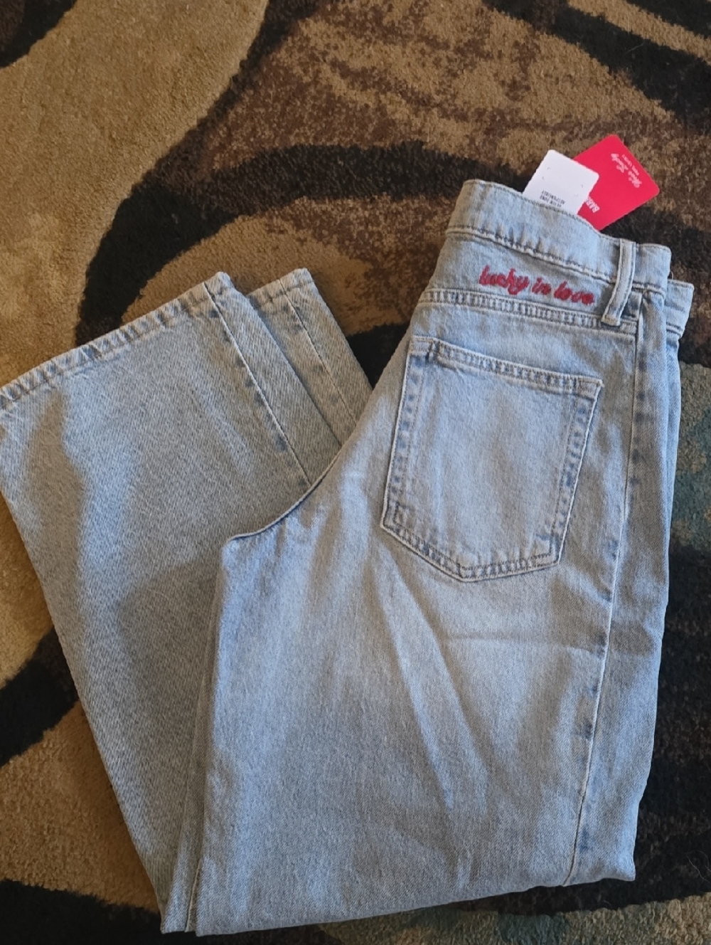Lucky in Love Light Wash Denim Jeans with Red Script Embroidery